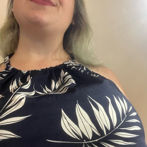 NAVY BLUE FERN WHITE PRINT BOTANICAL ROMPER VACATION EASY FAST COMFORTABLE 1X - Picture 5 of 12